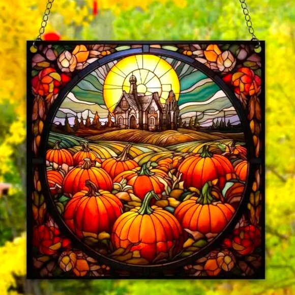 Autum Fall Scene Suncatcher Goth House Halloween Sun Pumpkin Hanging In/Outdoor - Picture 2 of 4